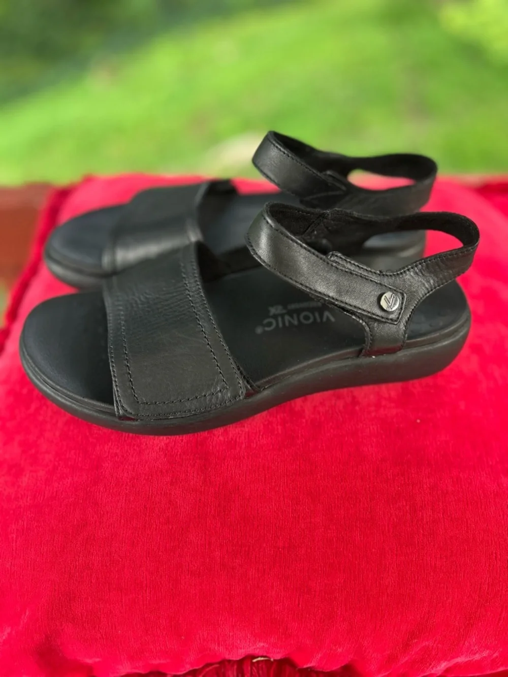 Vionic Black Leather Velcro Strap Sandals